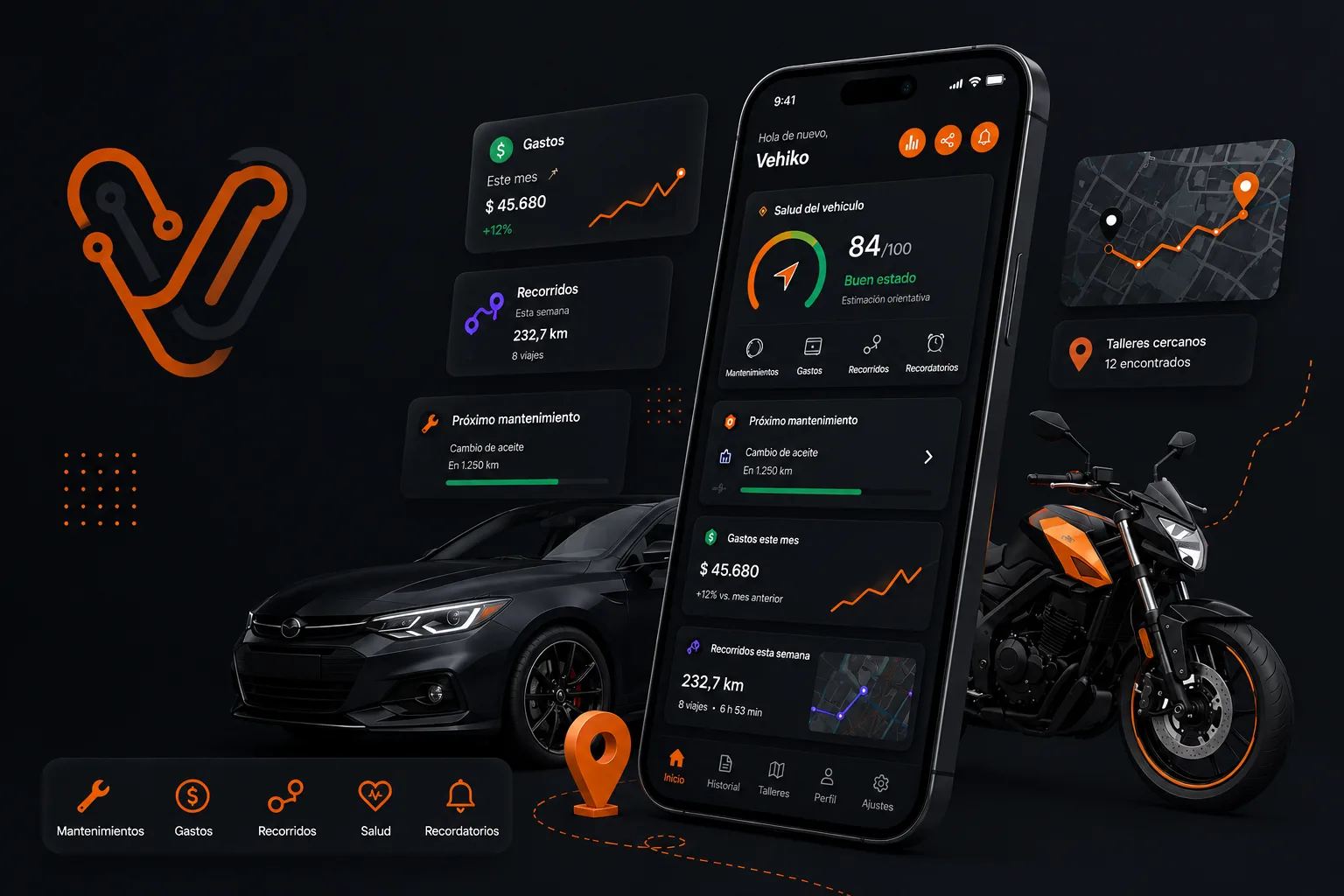 App Vehiko mostrando la salud del vehículo, gastos y mantenimiento de un auto y una moto