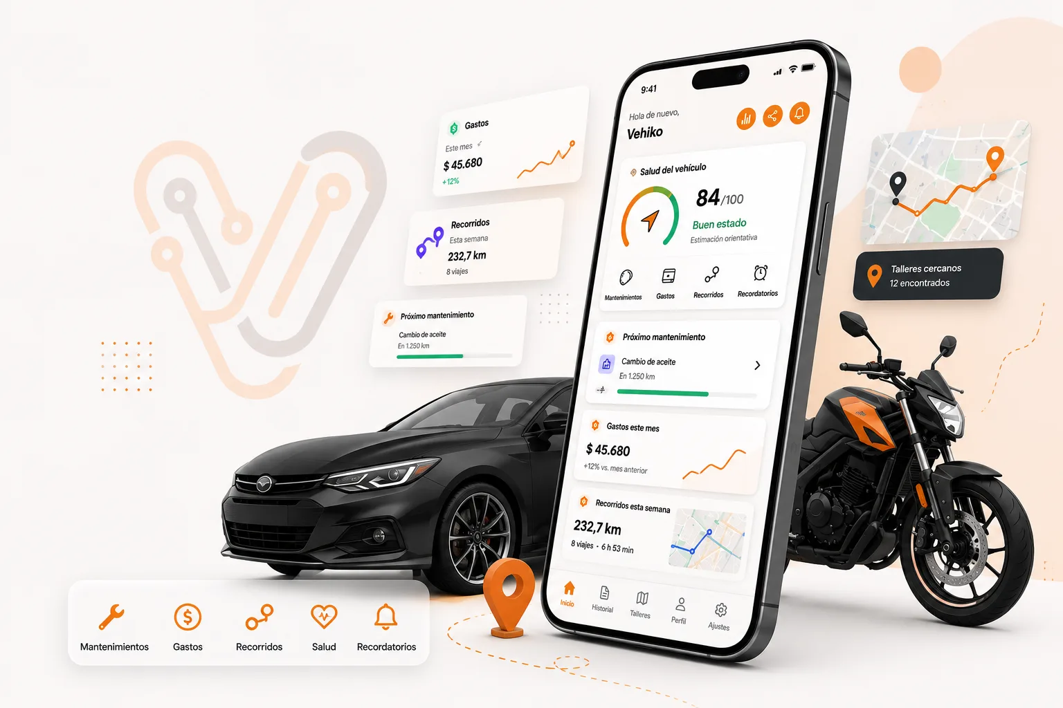 App Vehiko mostrando la salud del vehículo, gastos y mantenimiento de un auto y una moto